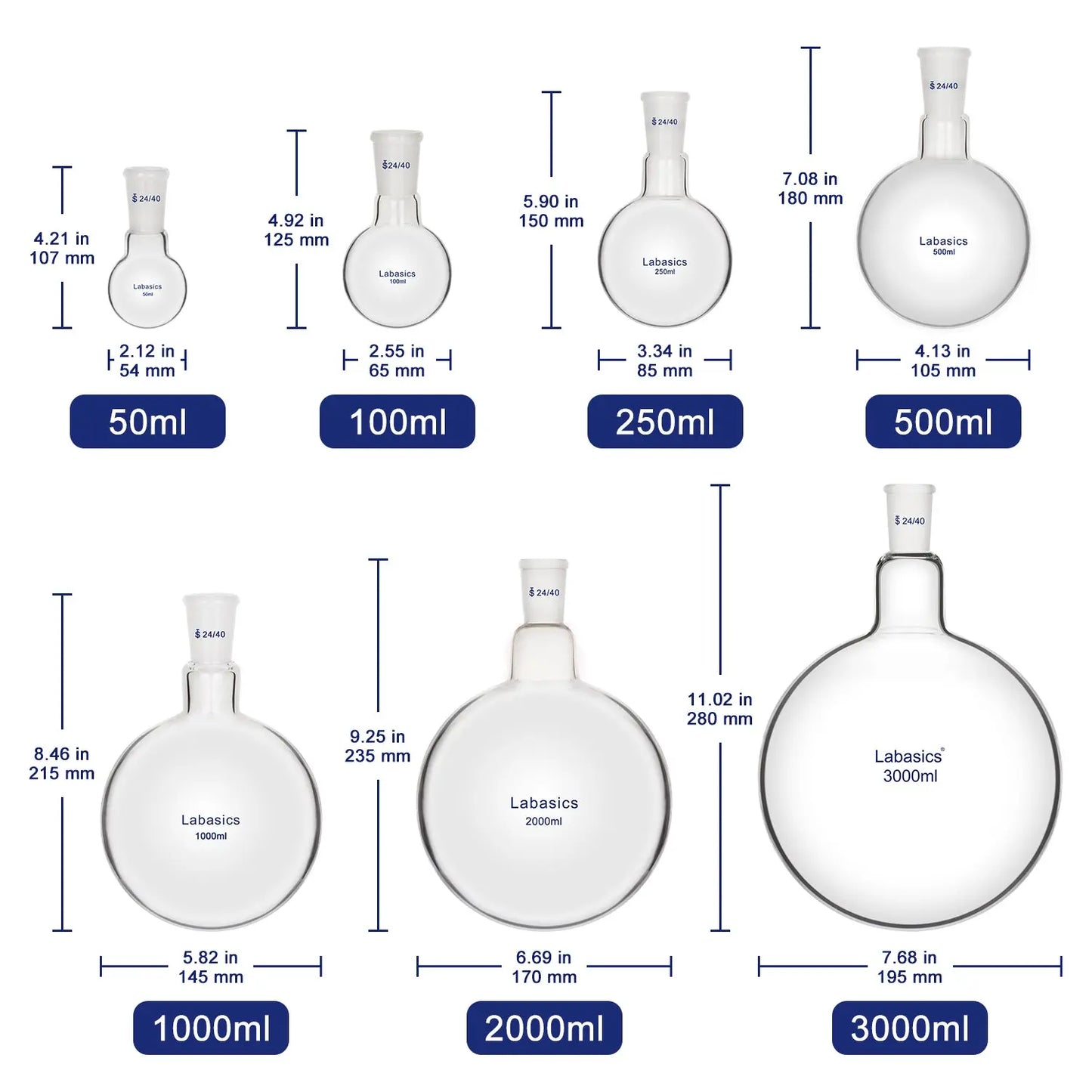 Glass Round Bottom Flask, 24/40 Standard Taper Outer Joint, 50-2000 mL Labasics