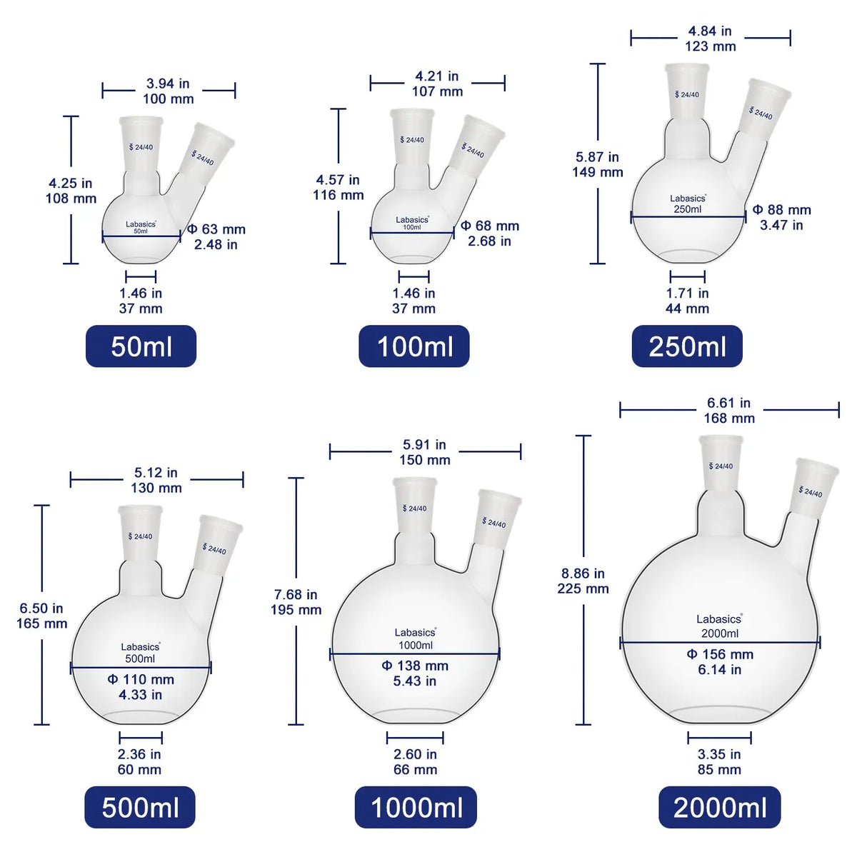 2 neck flat bottom flask set, all sizes from 50 ml to 2000 ml, borosilicate glass with 24/40 joints