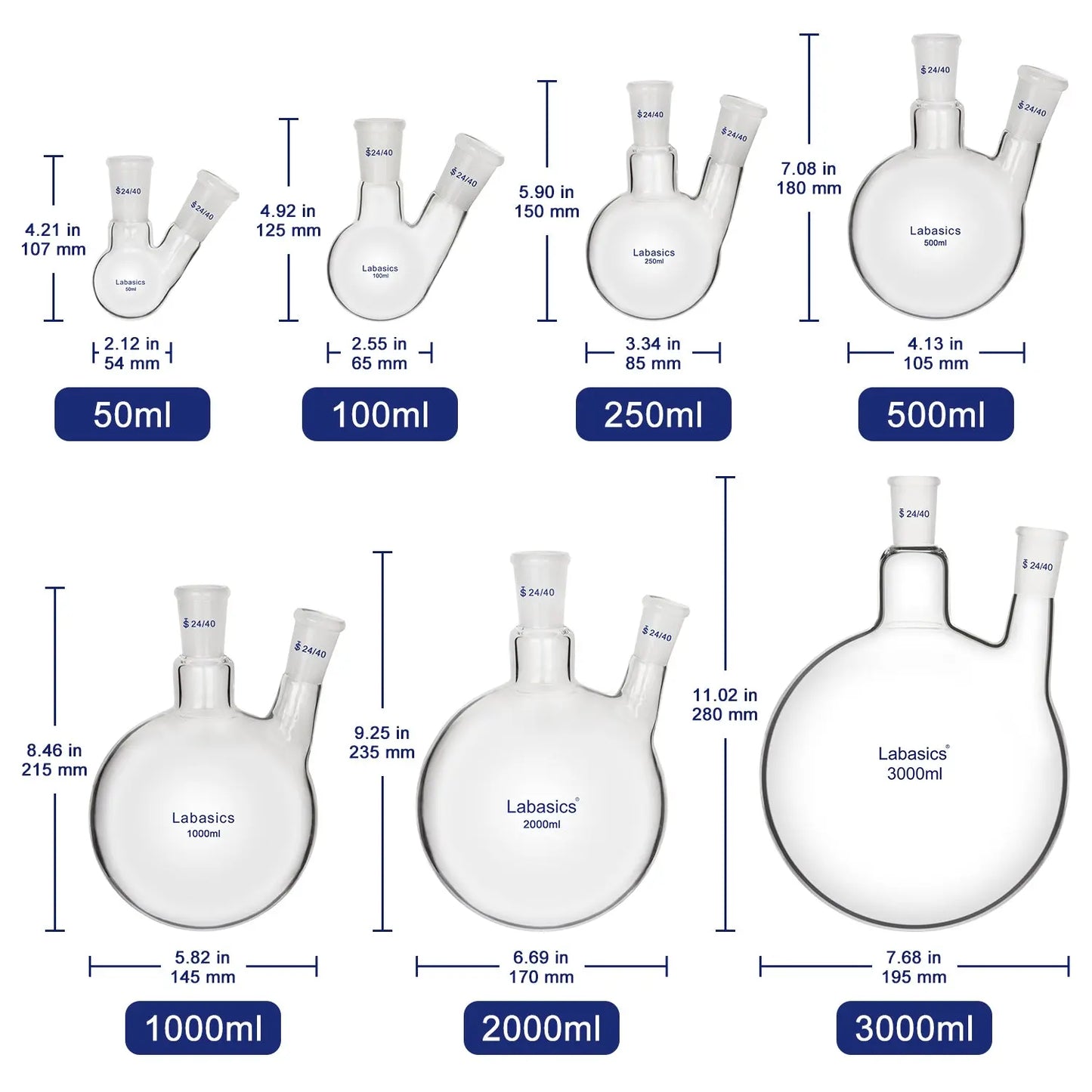 2 Neck Round Bottom Flask, 24/40 Taper Outer Joint, 50-2000 mL Labasics
