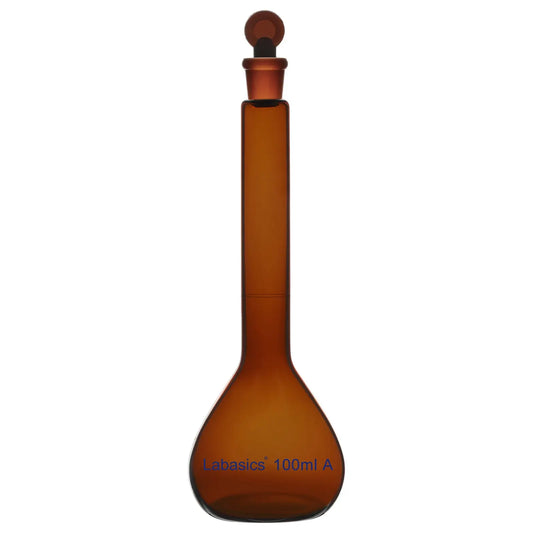 Front view of amber 100 ml volumetric flask with precise capacity markings