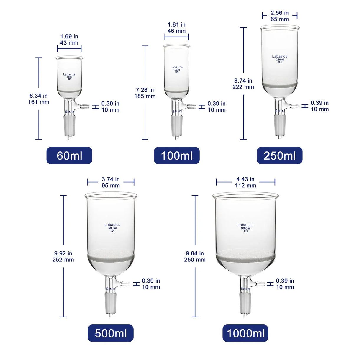 Buchner Filtering Funnel with Coarse Frit(G1), 24/40 Joint, 60-1000 mL Labasics