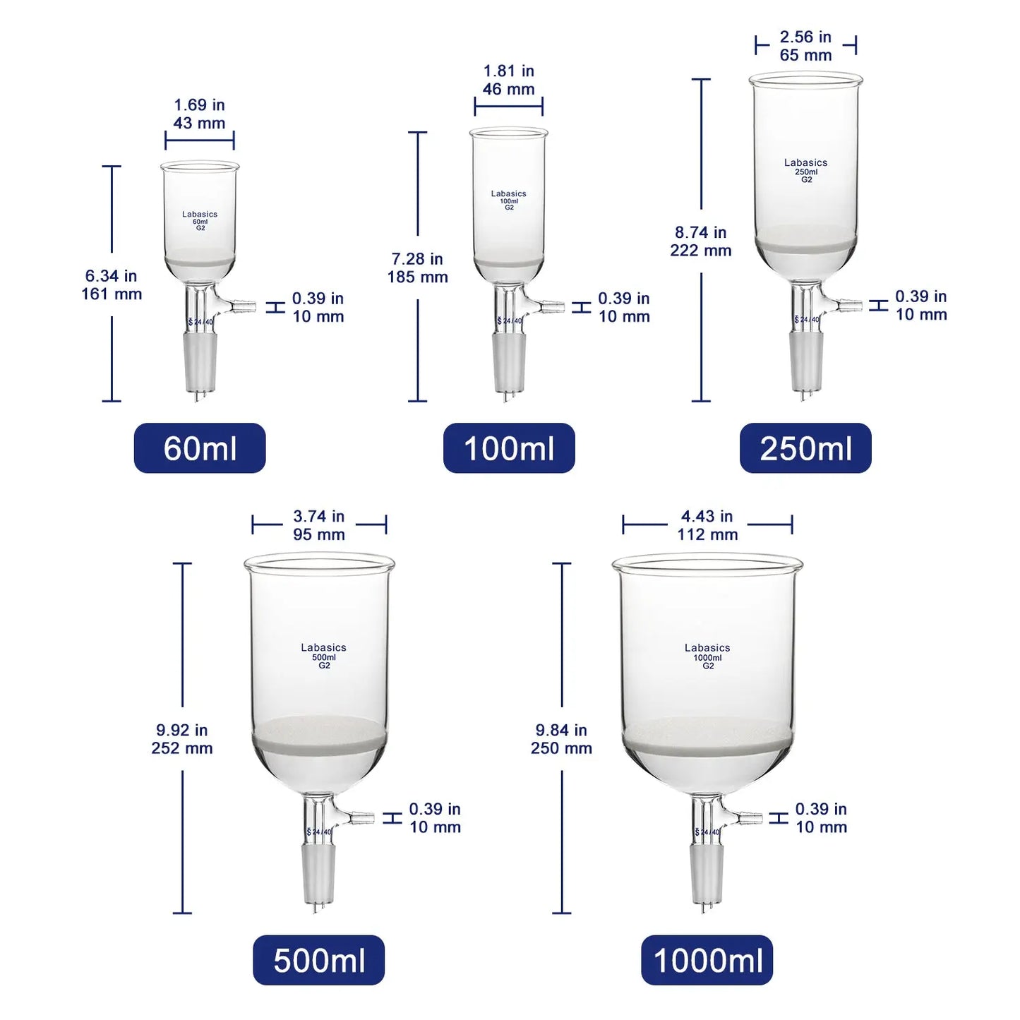 Buchner Filtering Funnel with Medium Frit (G2), 24/40 Joint, 60-1000 mL Labasics