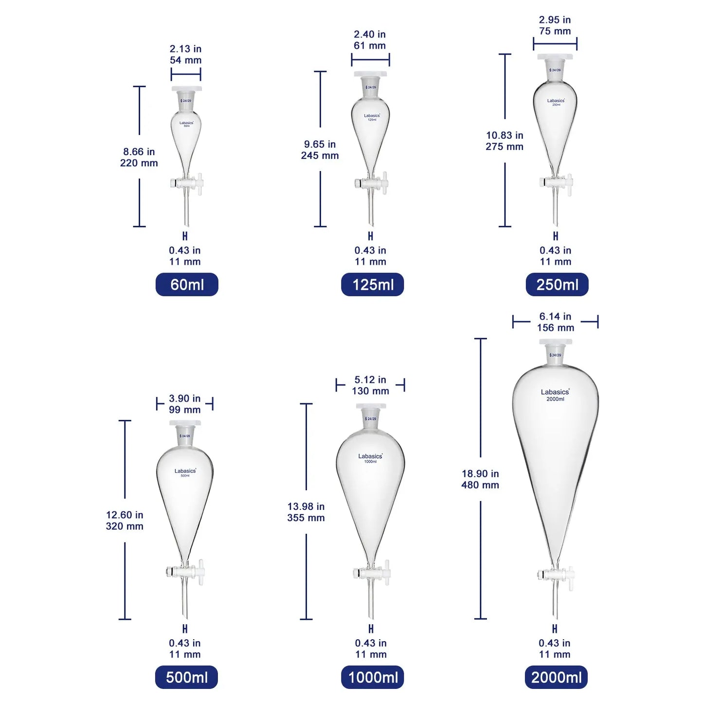 Conical Separatory Funnel, 24/29 Joints, 60-2000 mL Labasics
