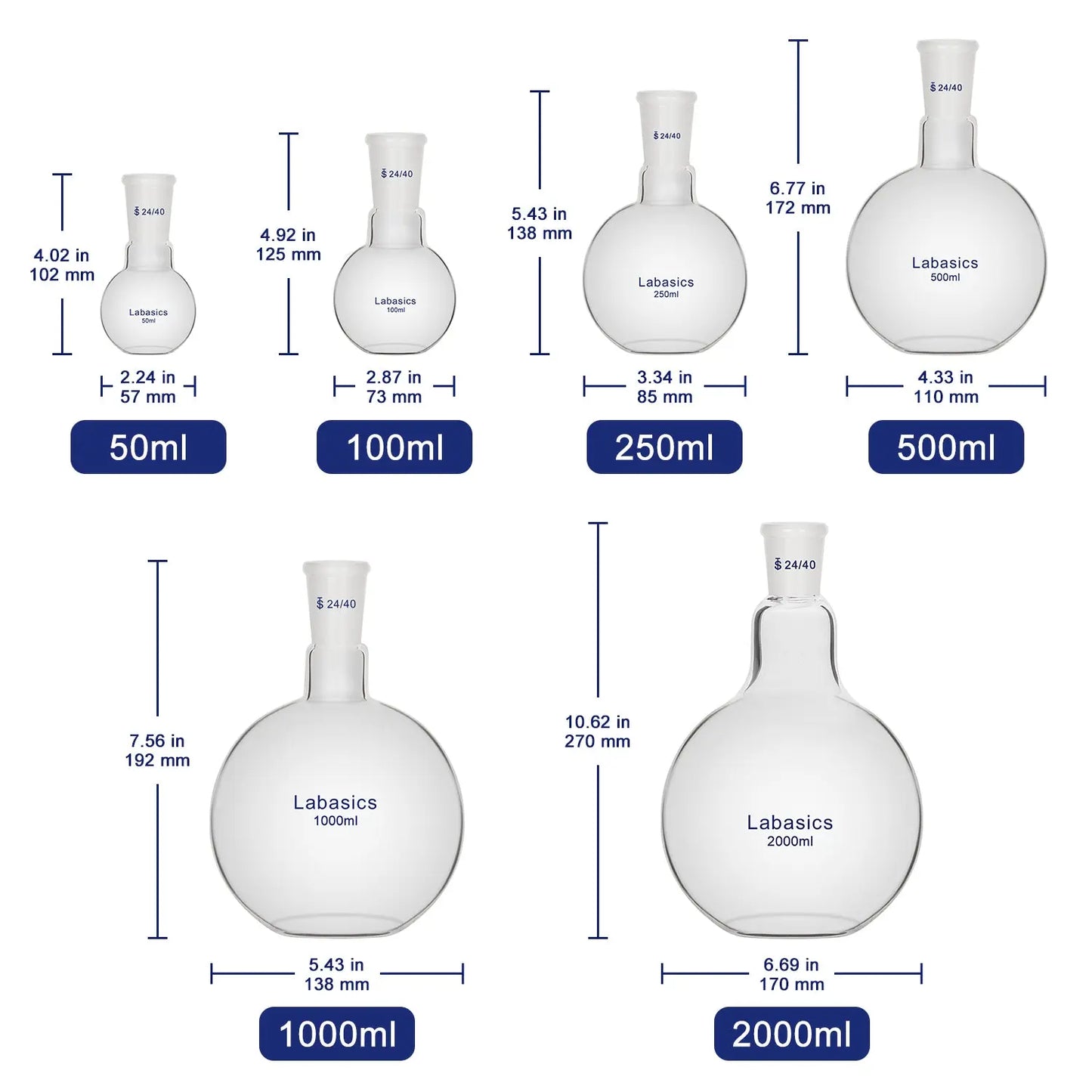 Glass Flat Bottom Flask, 24/40 Standard Taper Outer Joint, 50-2000 mL Labasics