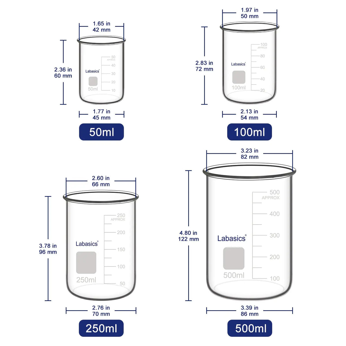 Glass beaker size chart from 50 ml to 500 ml, spoutless borosilicate beakers for laboratory use