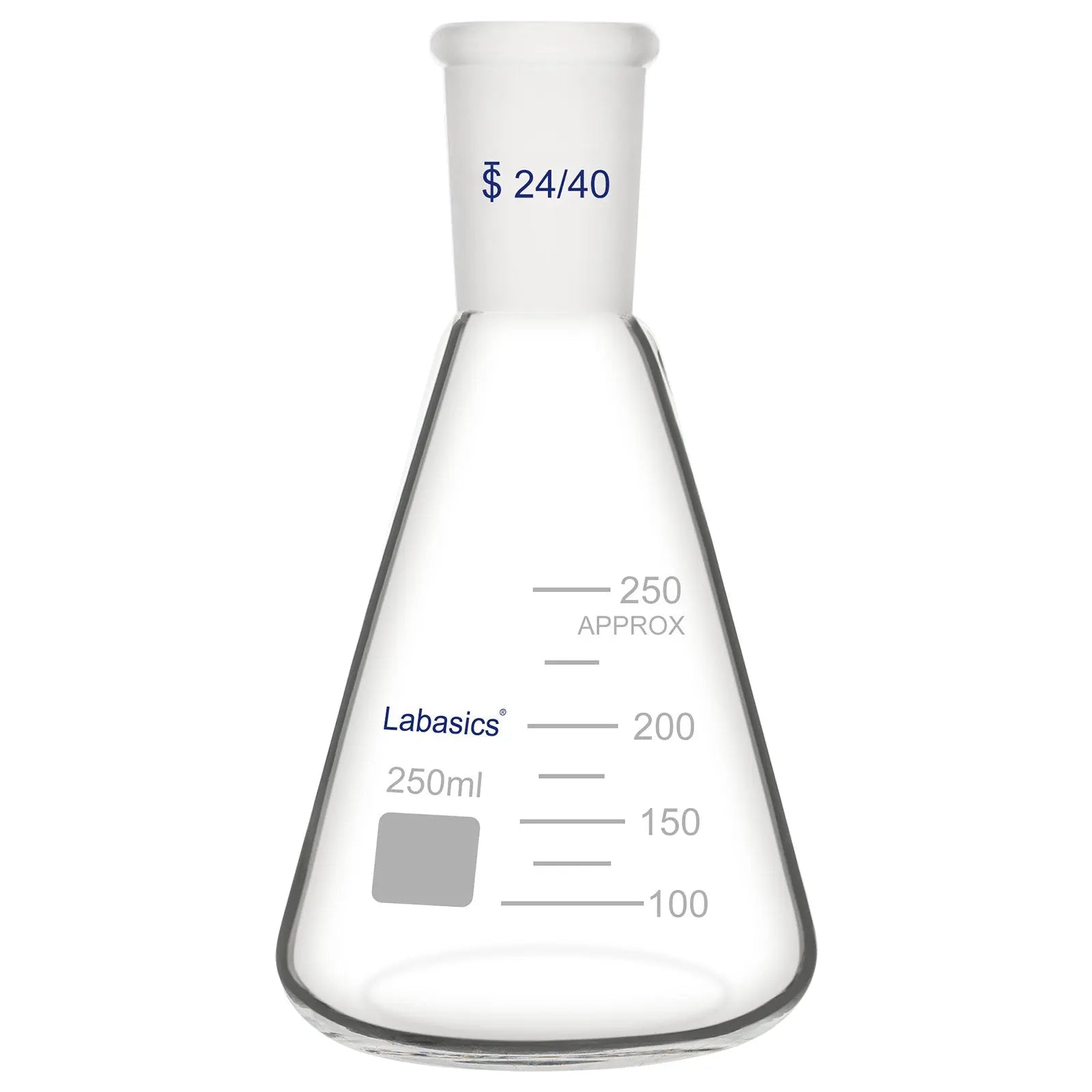 Erlenmeyer flask with 24/40 joint, 250 mL, borosilicate glass, conical shape, suitable for chemical mixing and solution preparation