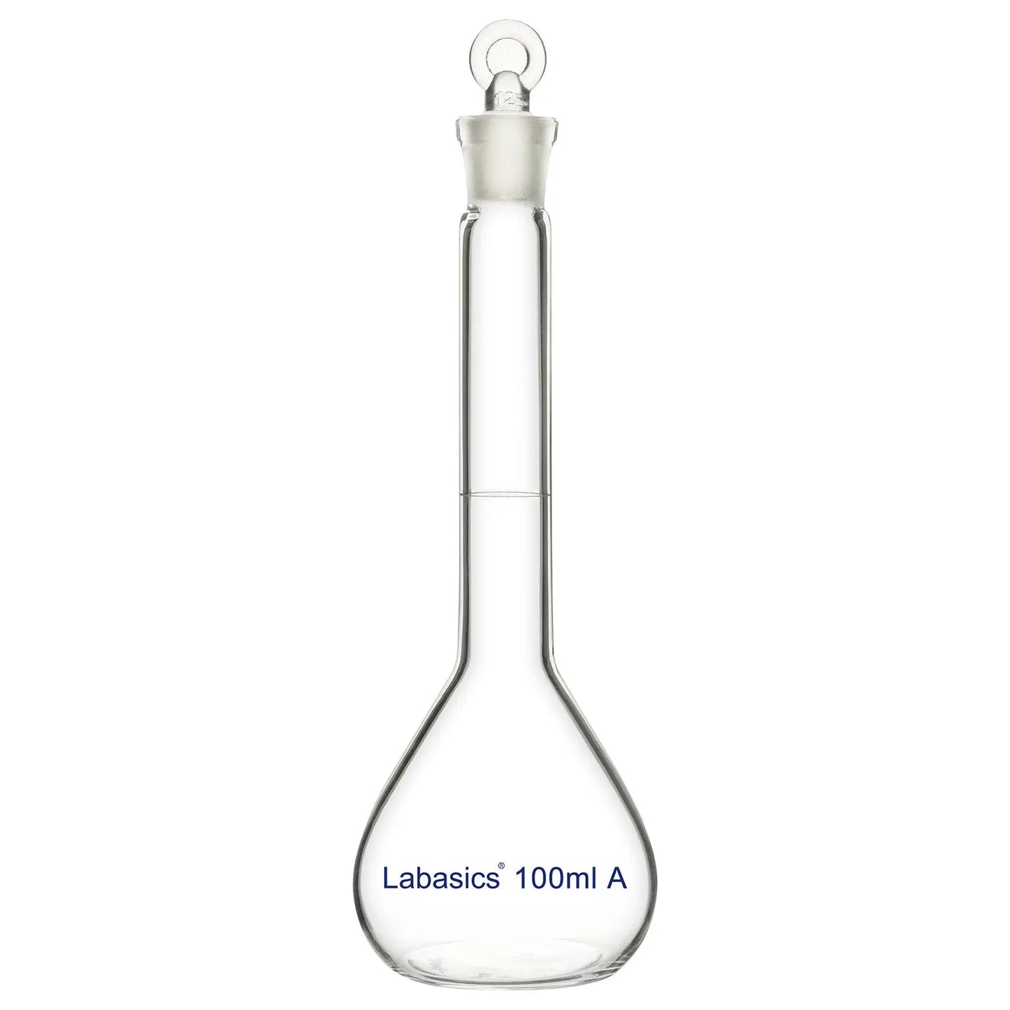 Front view of clear 100 ml glass volumetric flask with precise capacity markings