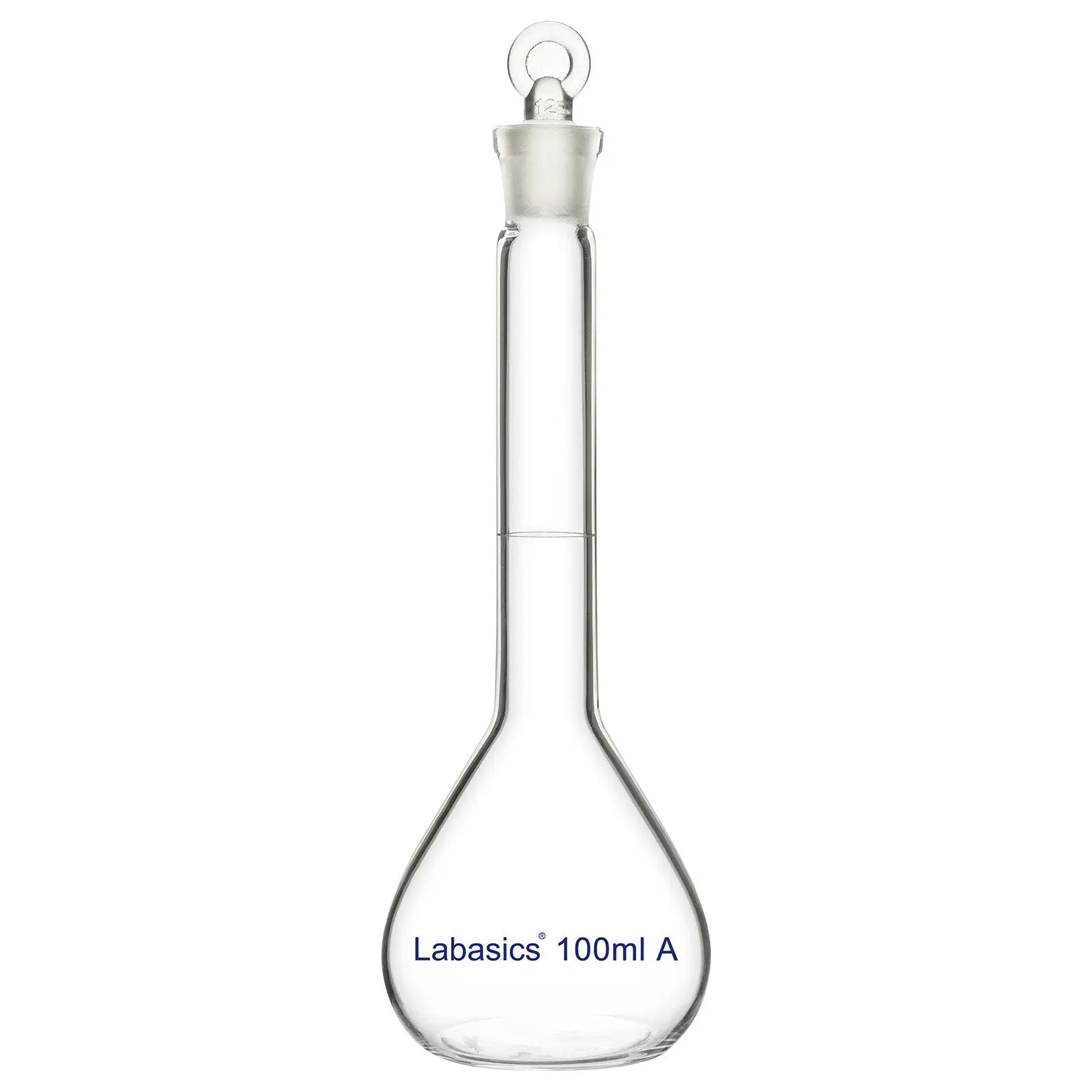 Front view of clear 100 ml glass volumetric flask with precise capacity markings