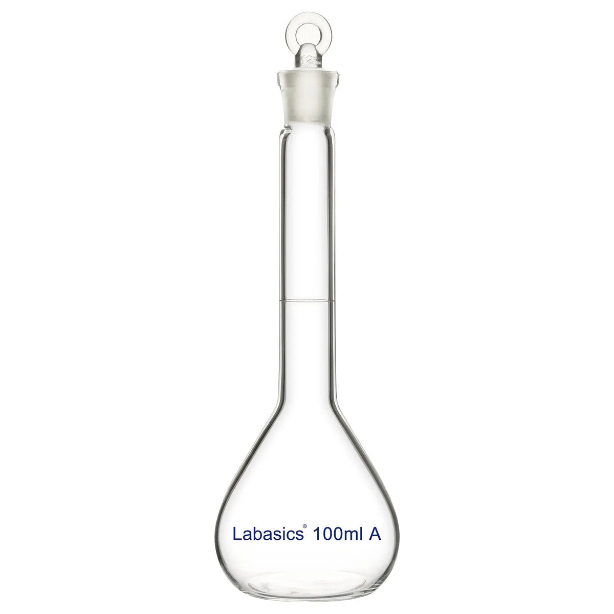 Front view of clear 100 ml glass volumetric flask with precise capacity markings