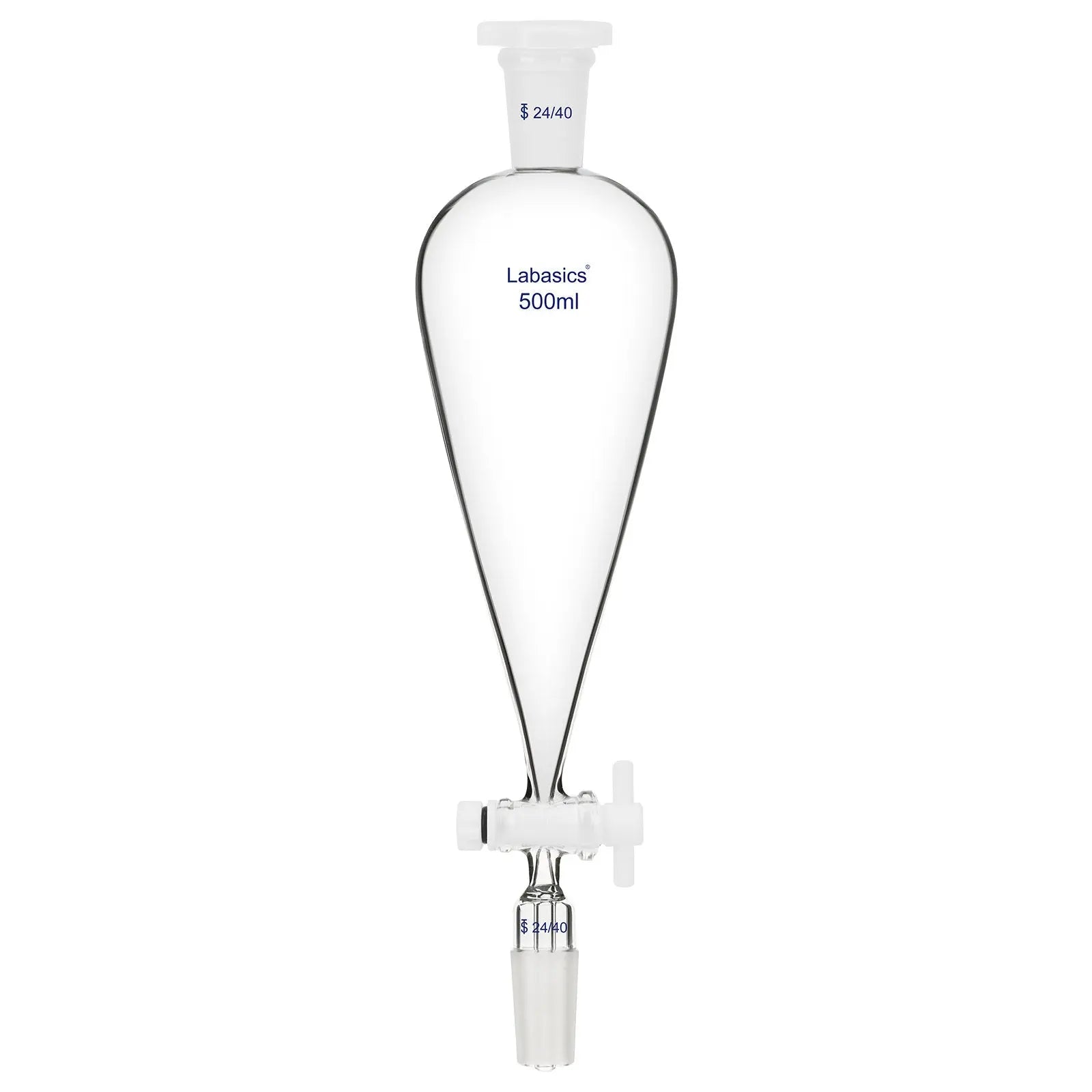 500 ml conical separatory funnel, glass body with 24/40 joint and PTFE stopcock, for laboratory solvent separation