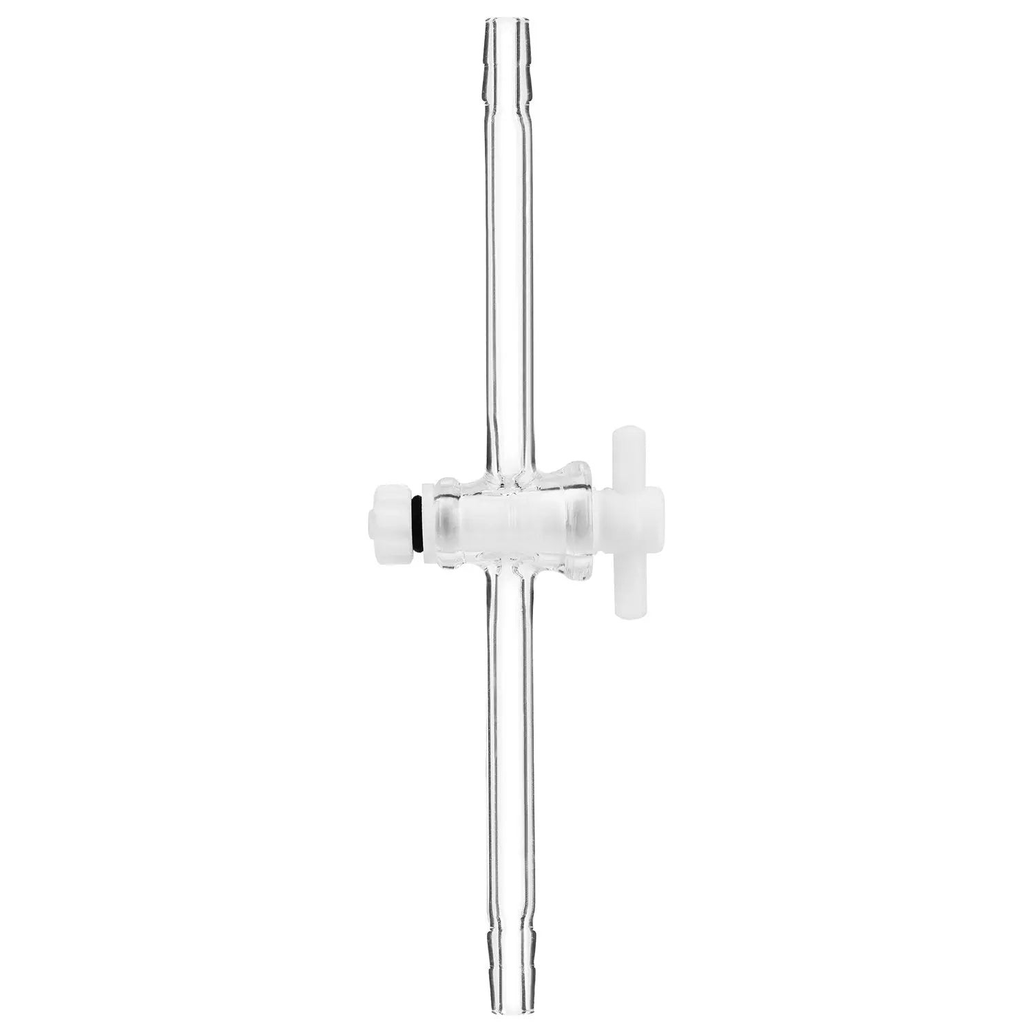 Borosilicate glass vacuum flow control adapter, 5/16" hose barb, PTFE stopper, reusable and chemical-resistant for laboratory distillation setups