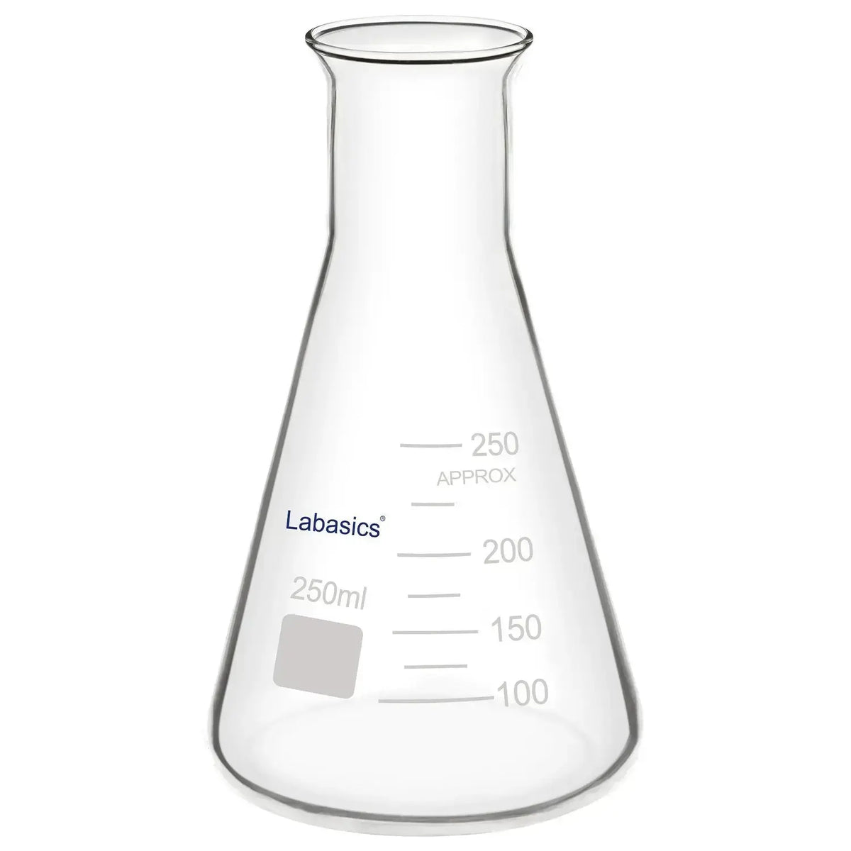 Wide mouth Erlenmeyer flask, 250 mL, borosilicate glass, heat-resistant up to 250°C, easy filling design for laboratory mixing and reactions