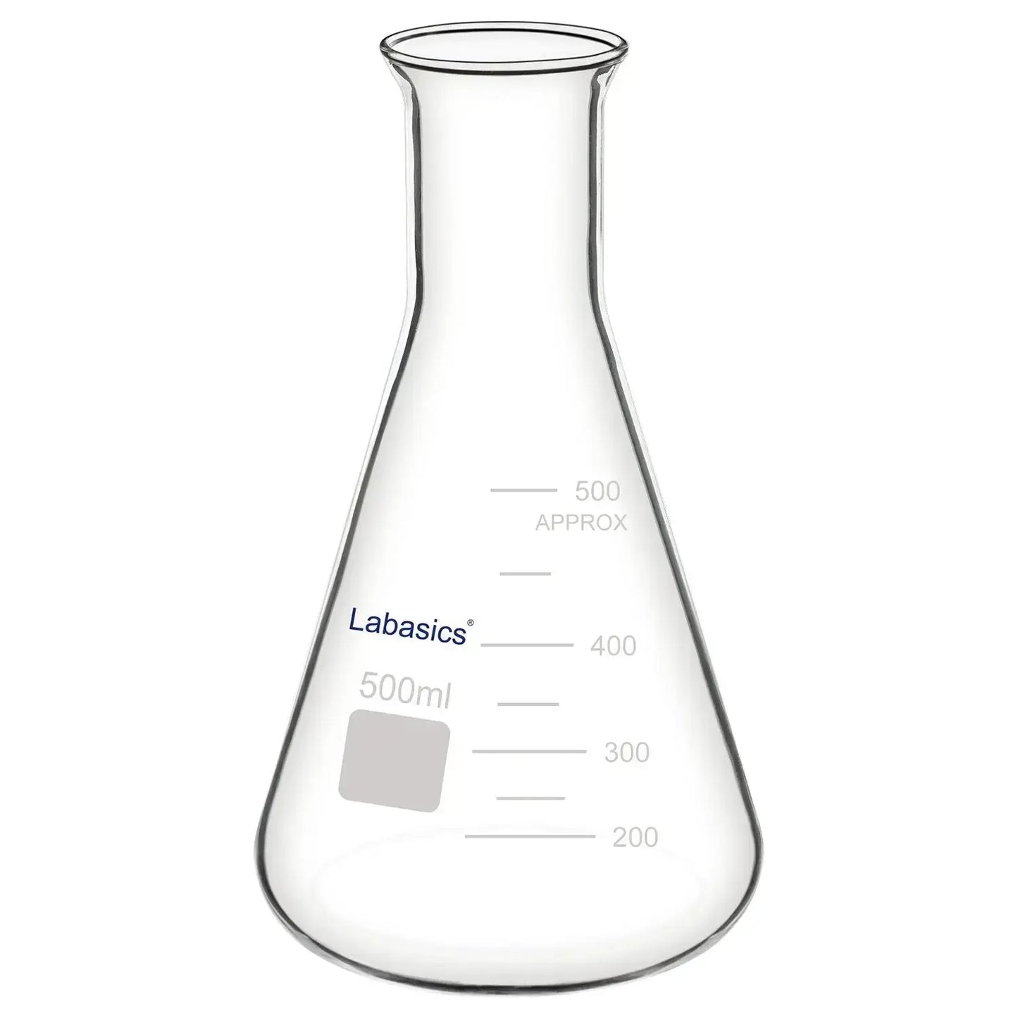 Erlenmeyer flask wide mouth, 500 mL, borosilicate glass, wide opening for convenient sample handling and chemical mixing
