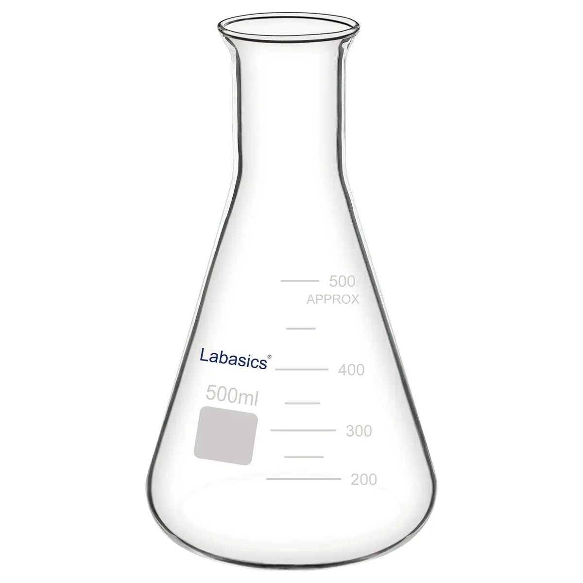 Erlenmeyer flask wide mouth, 500 mL, borosilicate glass, wide opening for convenient sample handling and chemical mixing