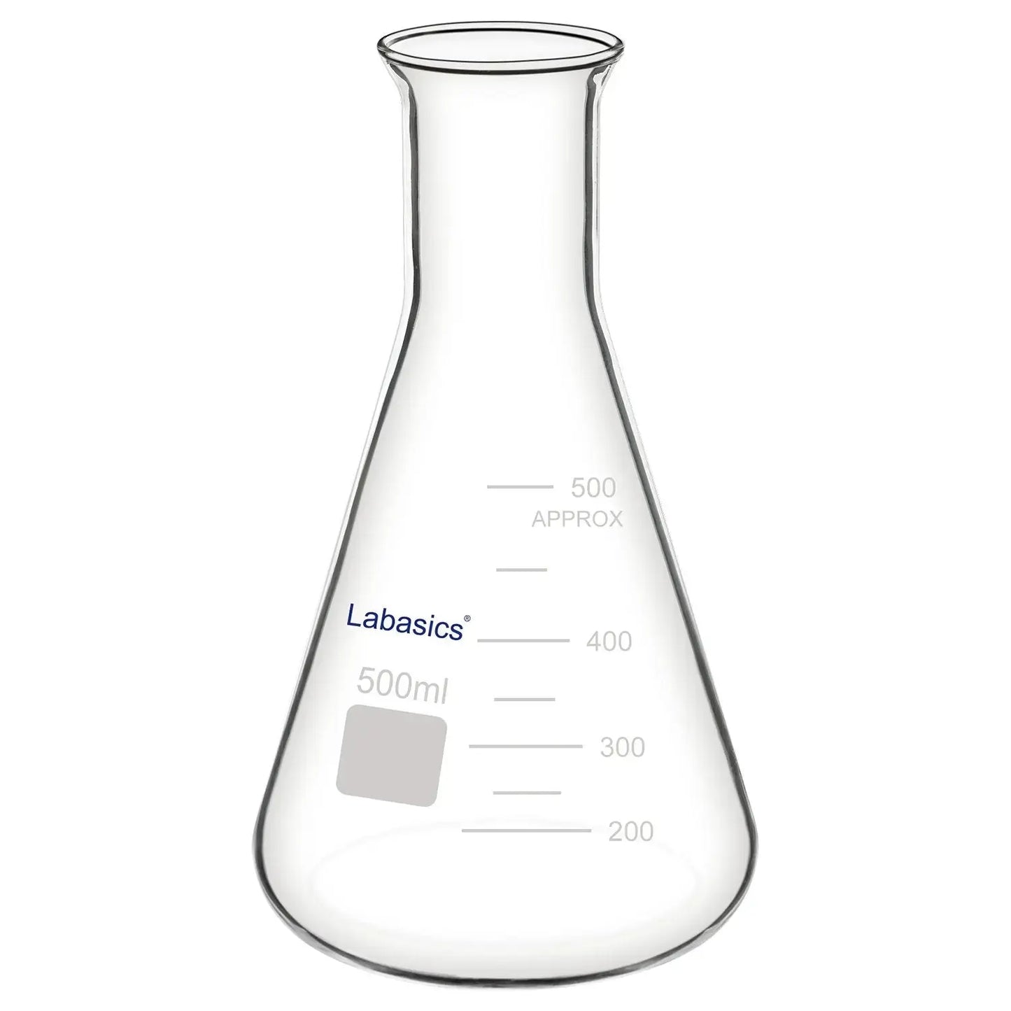 Erlenmeyer flask wide mouth, 500 mL, borosilicate glass, wide opening for convenient sample handling and chemical mixing