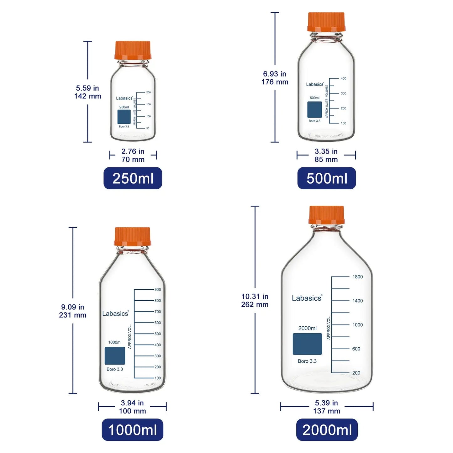 Transparent Media Storage Bottle, Borosilicate Glass, 250–2000 mL Labasics Shop