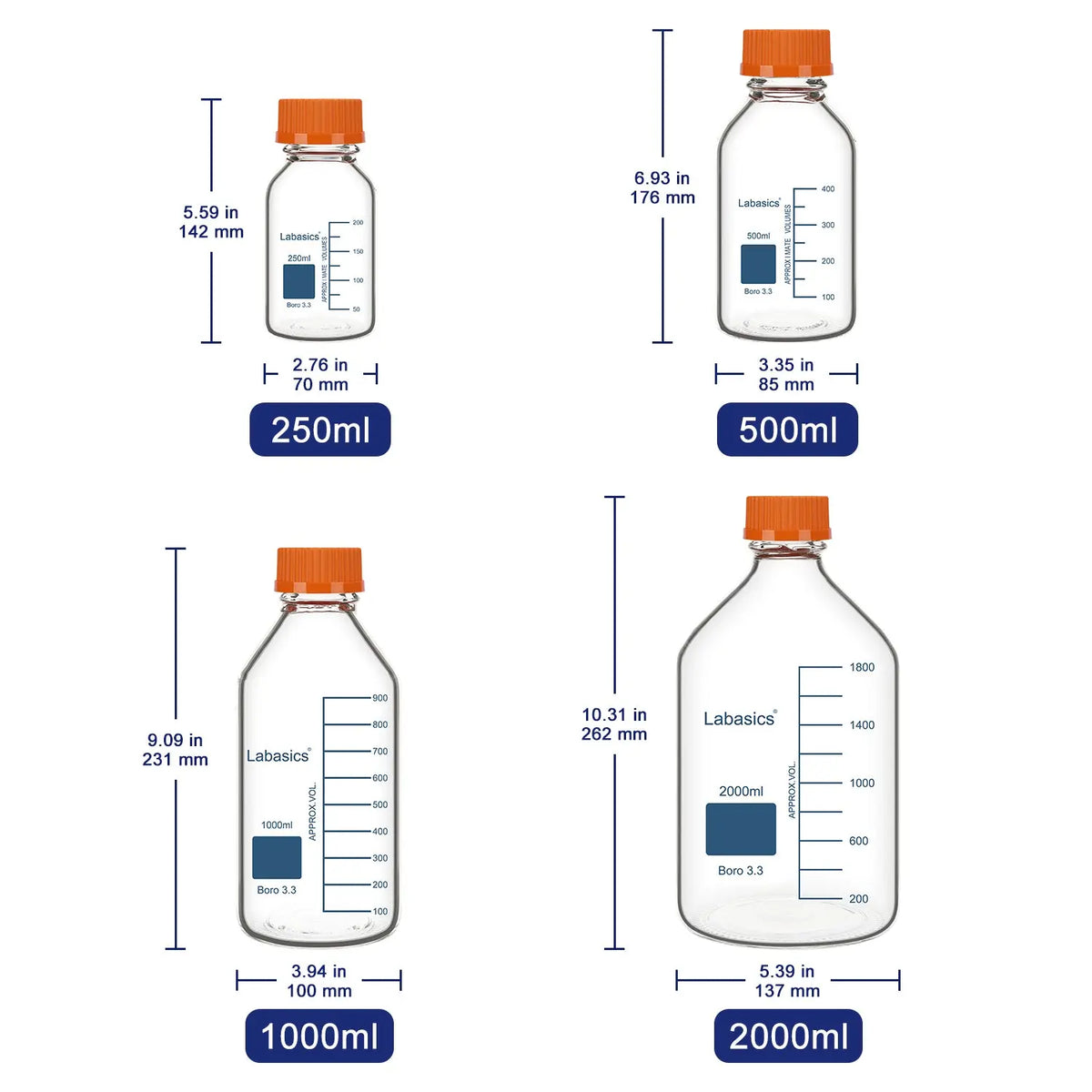 Transparent Media Storage Bottle, Borosilicate Glass, 250–2000 mL Labasics Shop