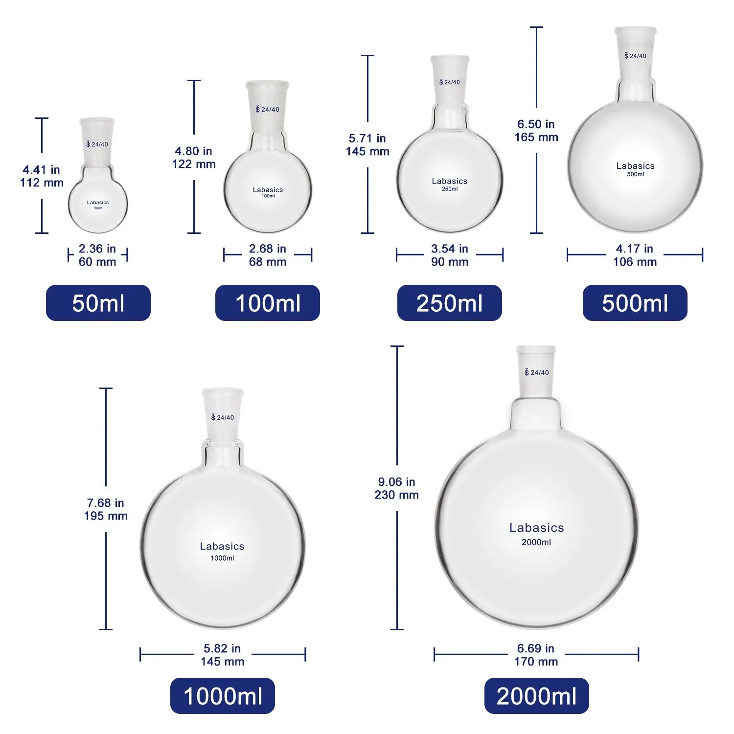 Glass Round Bottom Flask with 24/40 Standard Taper Outer Joint Labasics