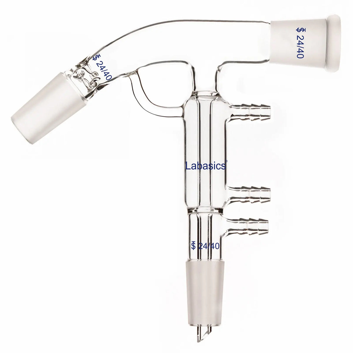 Glass short path distilling adapter with 24/40 joint, 10mm hose connections, heat- and chemical-resistant for lab distillation experiments
