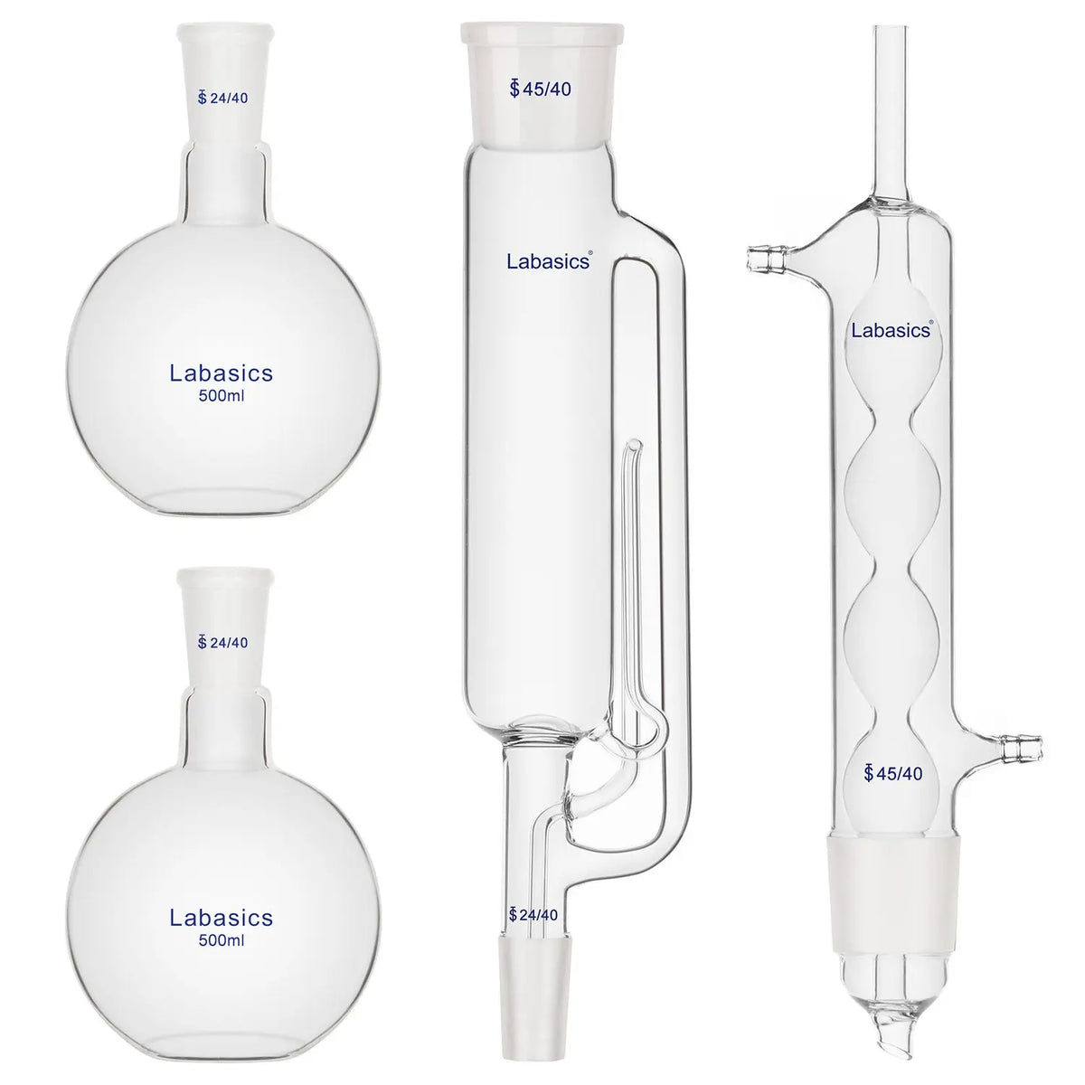 Soxhlet extractor set, 4-piece borosilicate glass kit, includes 45/40 joint extractor, Allihn condenser, and 24/40 500 mL flasks, for continuous solid-liquid extraction and reflux experiments