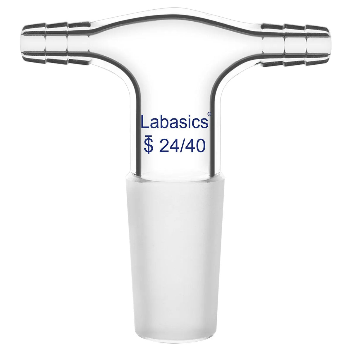 Glass T-shaped vacuum adapter with dual hose inlets and 24/40 joint, suitable for controlling gas or liquid flow in lab systems