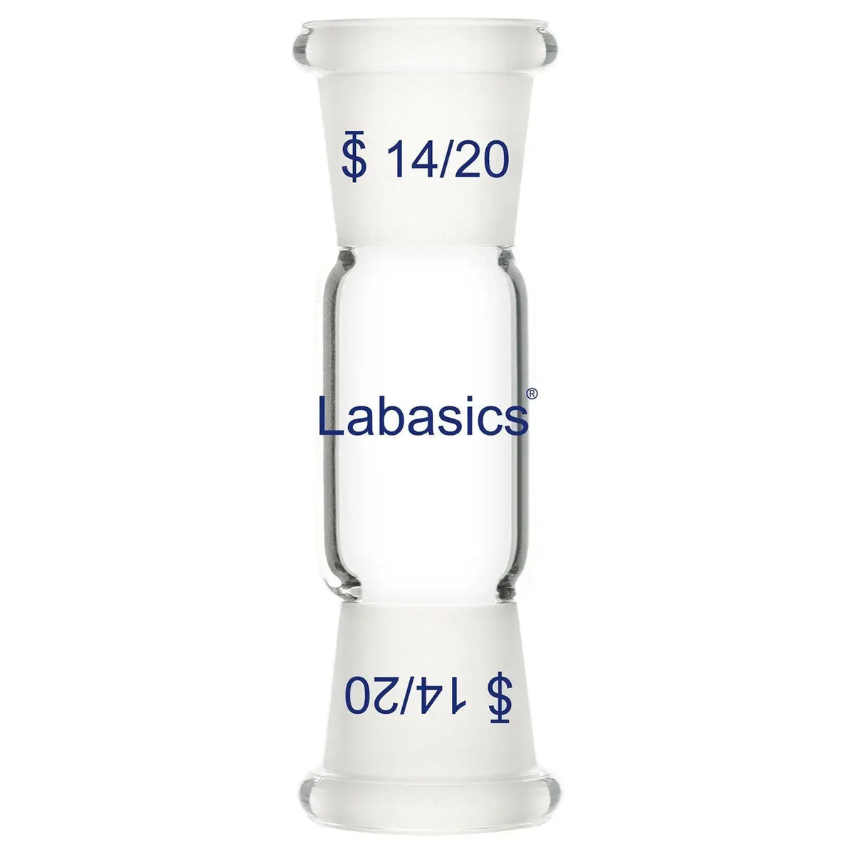 Glass straight connecting adapter with dual 14/20 female joints, suitable for connecting lab apparatus in chemical reaction systems