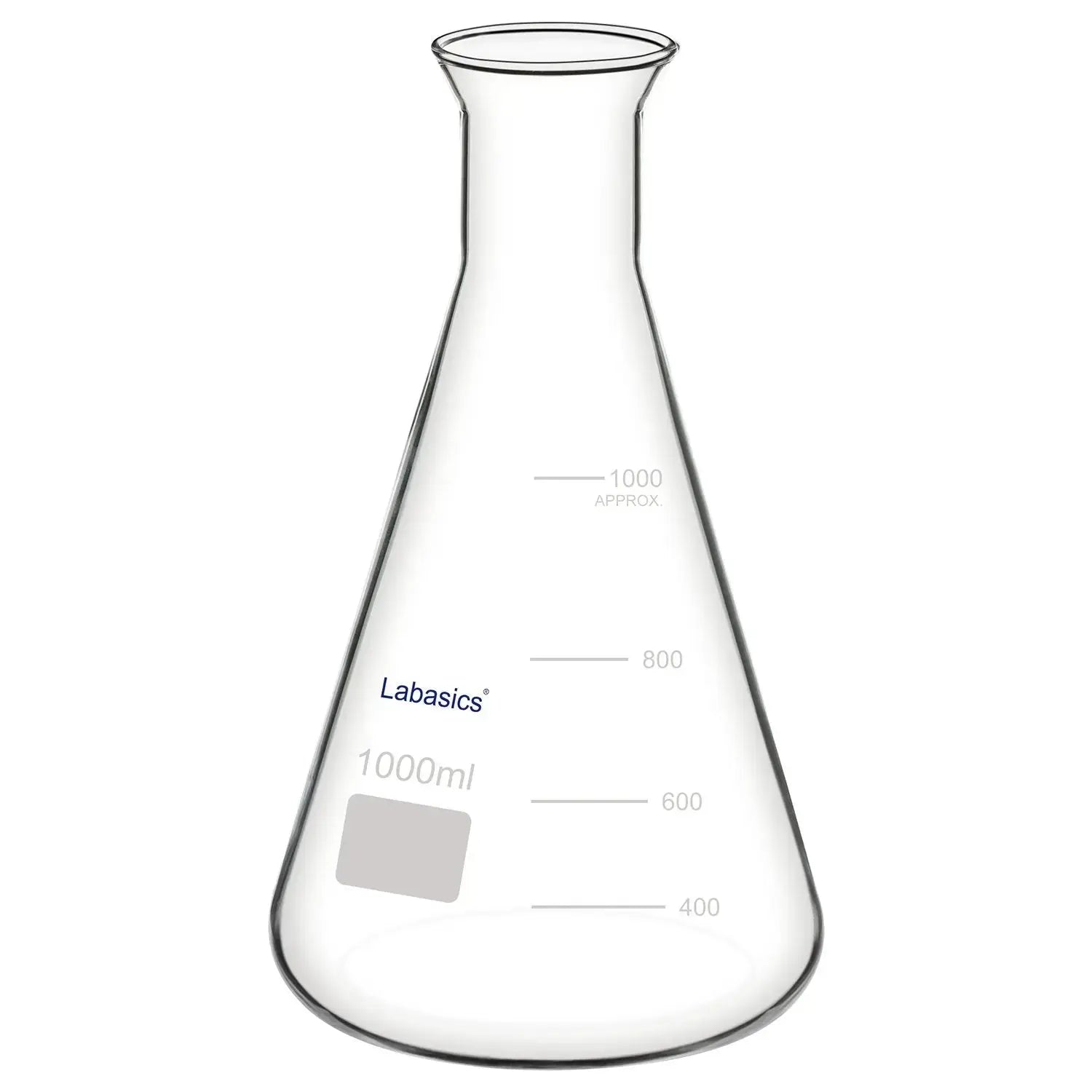 Wide mouth Erlenmeyer flask, 1000 mL (1 L), borosilicate glass, large opening design for easy pouring, mixing, and laboratory reaction work