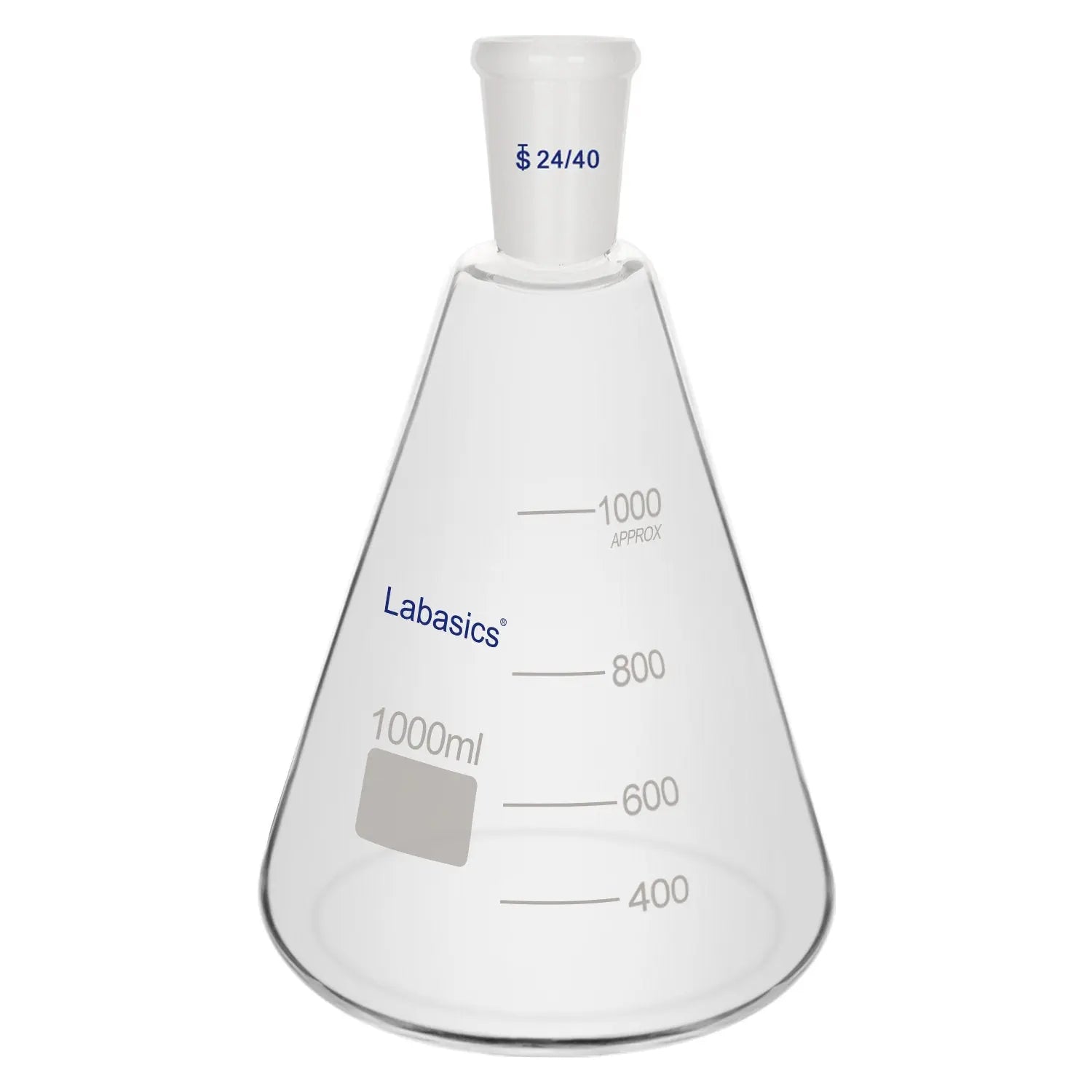 Erlenmeyer flask, 1000 mL (1 L), 24/40 joint, borosilicate glass, heat-resistant, for laboratory heating, mixing, and storage applications