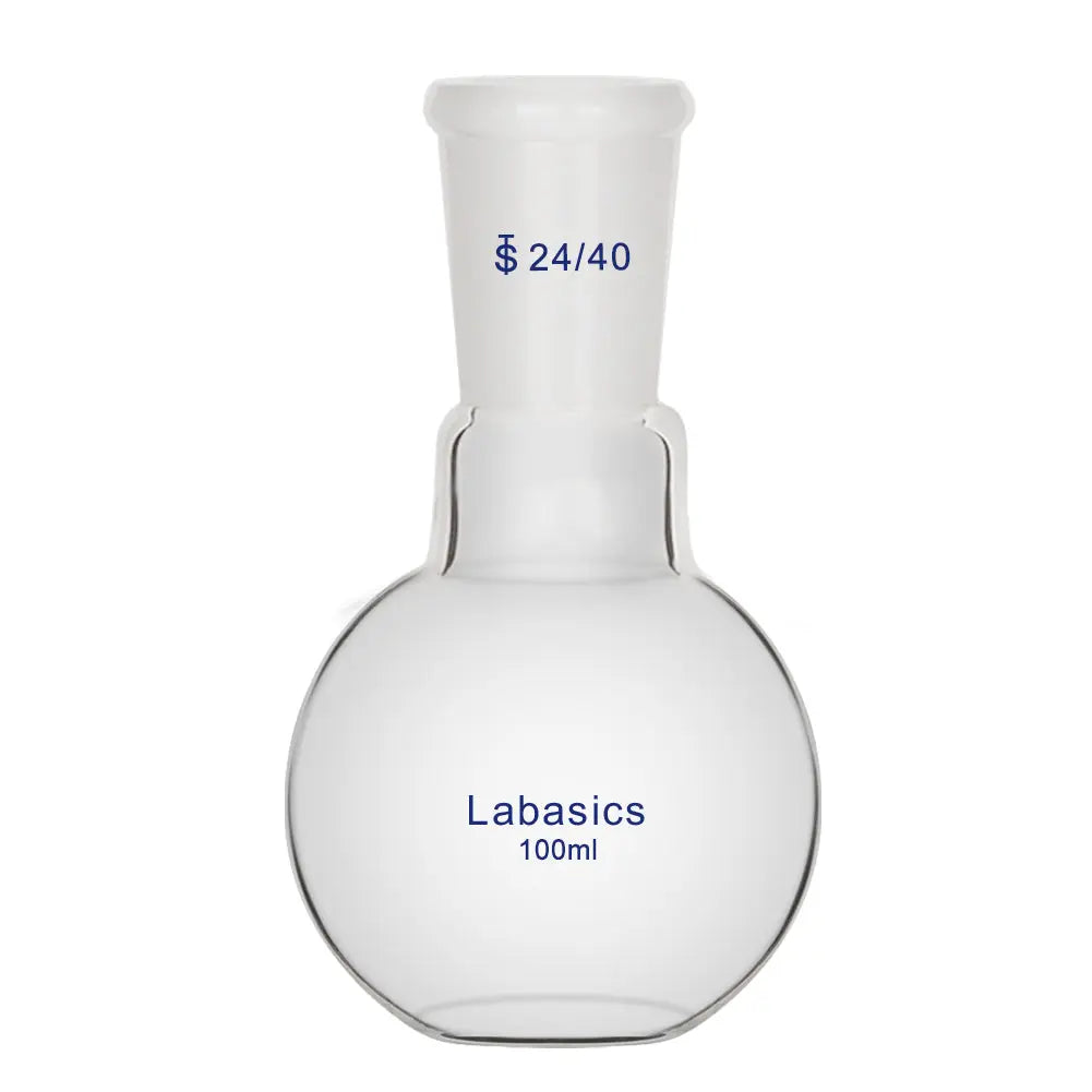 Flat bottom flask, 100 mL, borosilicate glass, 24/40 center joint, used for heating and mixing in lab experiments