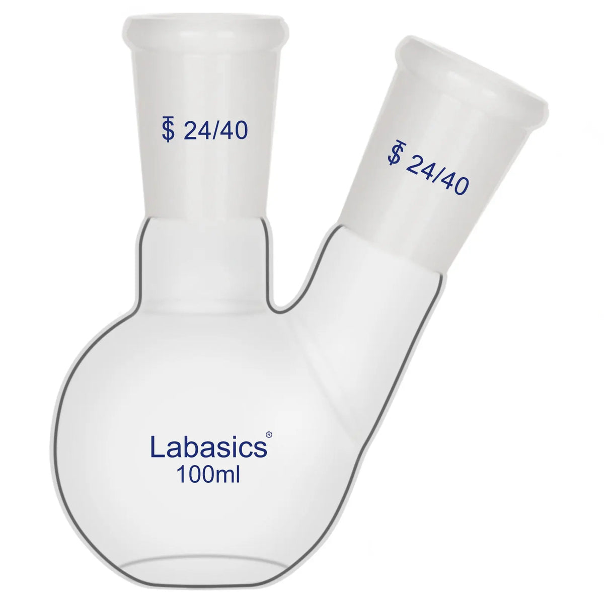 Flat bottom flask, 100 mL, 2 neck design, borosilicate glass, 24/40 joints, for laboratory distillation and reflux experiments