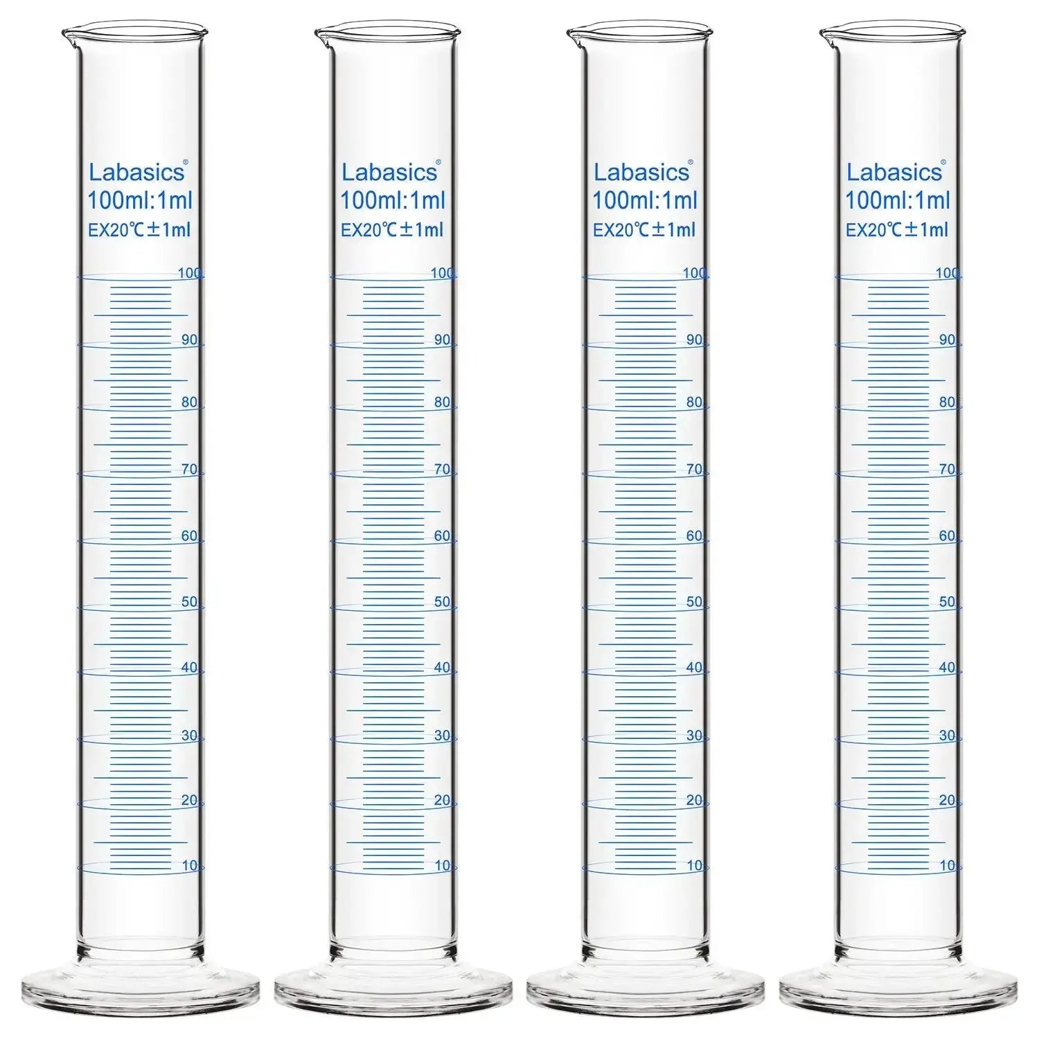Measuring cylinder, 100 mL, borosilicate glass, easy-to-read metric scale, for laboratory measurement and solution preparation; 4-pack