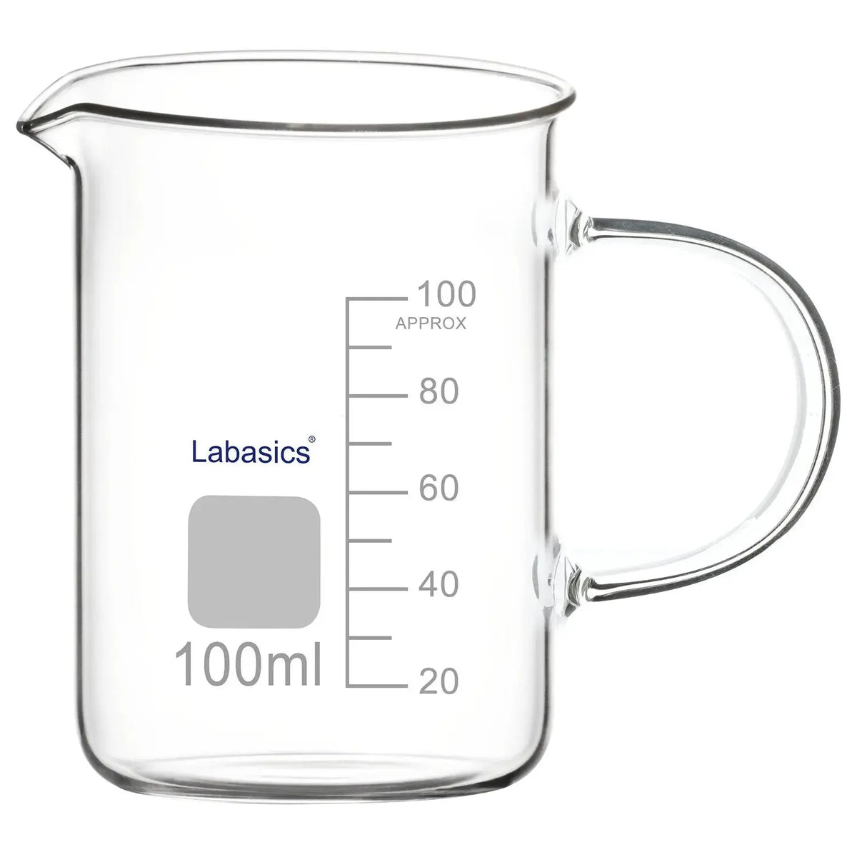 Borosilicate glass beaker with handle and spout, 100 ml, for laboratory heating and mixing