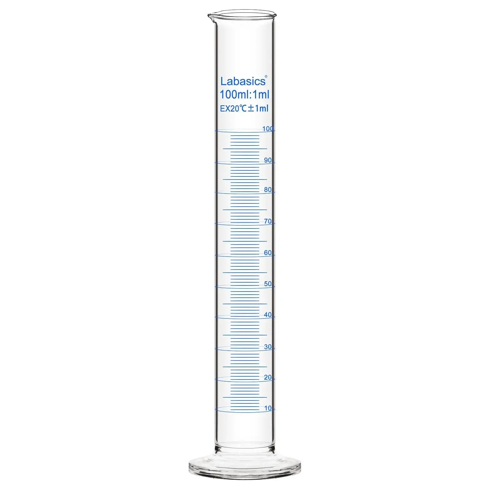 Measuring cylinder, 100 mL, borosilicate glass, easy-to-read metric scale, for laboratory measurement and solution preparation
