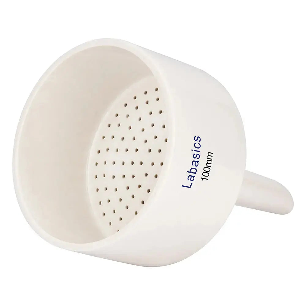 Porcelain filter funnel, 100 mm OD, Büchner design, perforated plate, acid-resistant ceramic for laboratory solid-liquid separation
