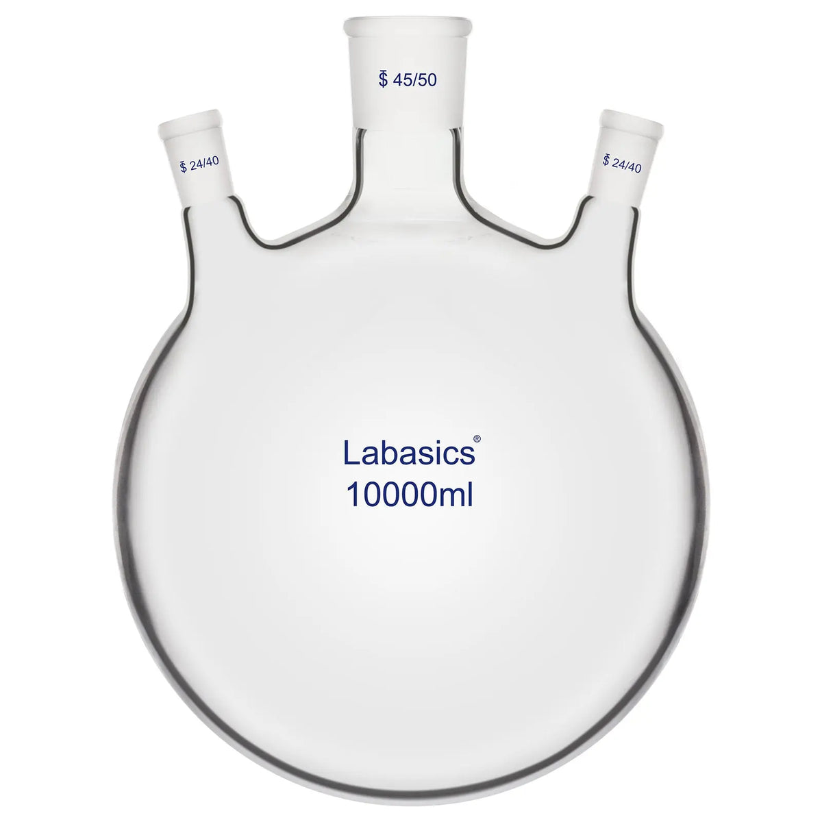 10000 ml heavy duty 3-neck boiling flask featuring 45/50 center and 24/40 side ground joints.