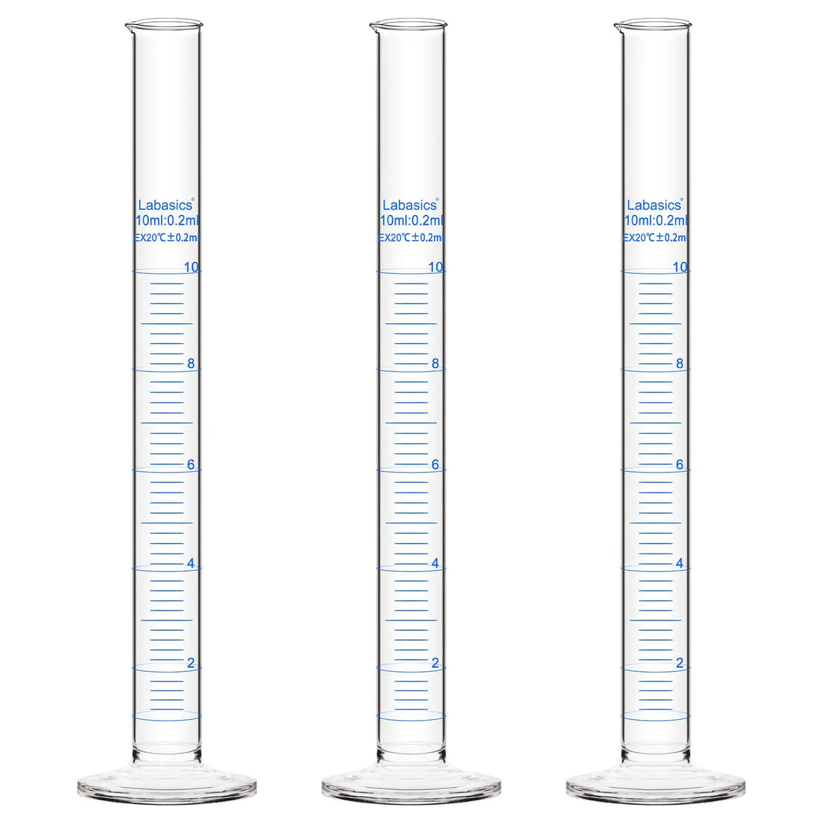 Graduated measuring cylinder, 10 mL, borosilicate glass, clear metric scale, narrow body for precise small-volume liquid measurement; 3-pack