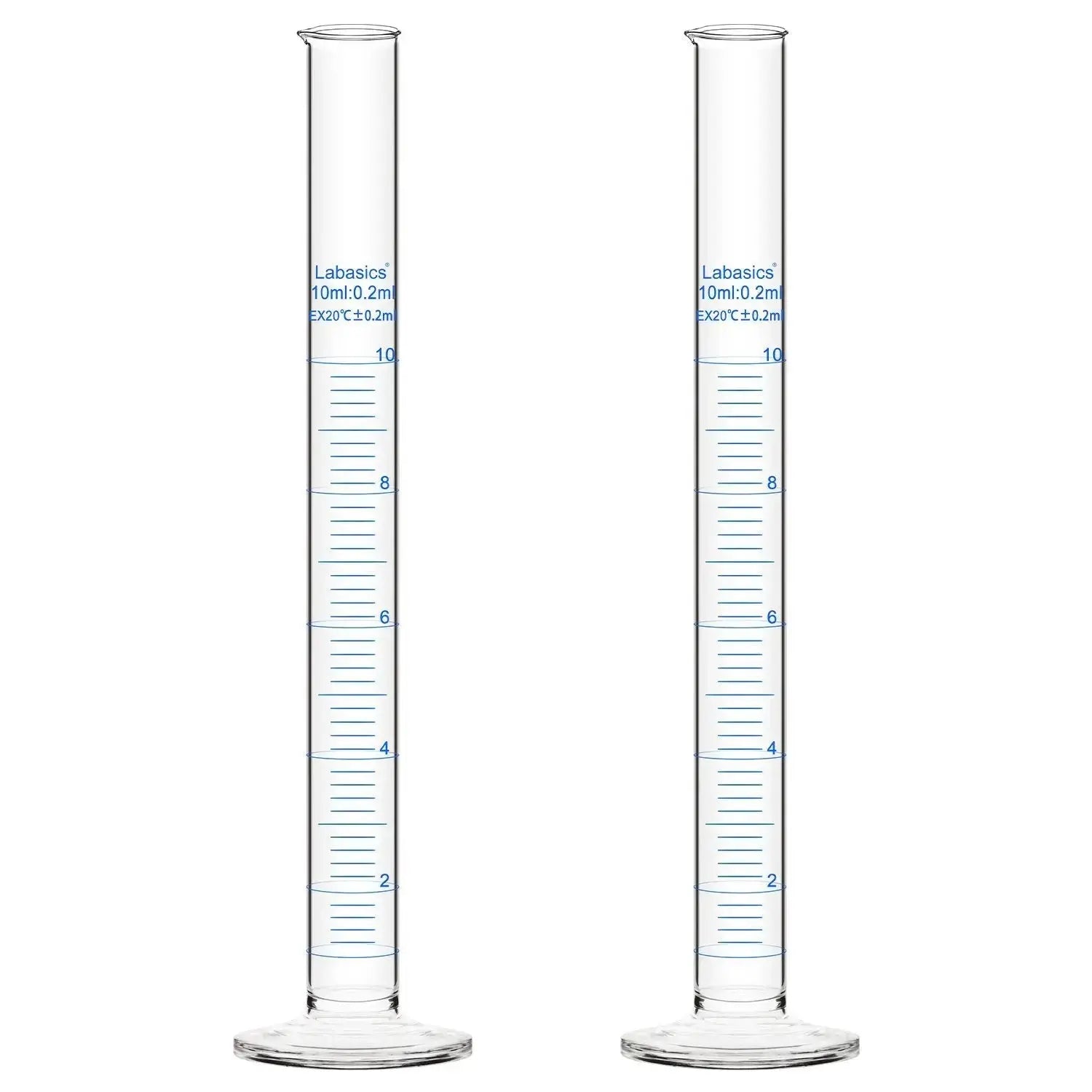 Graduated measuring cylinder, 10 mL, borosilicate glass, clear metric scale, narrow body for precise small-volume liquid measurement; 2-pack
