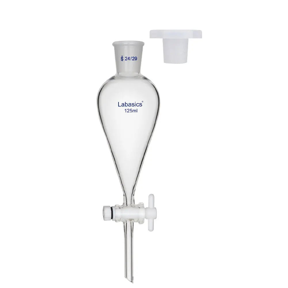 Separatory funnel, 125 mL, conical design, 24/29 joint, PTFE stopcock, used for liquid-liquid extraction in laboratory