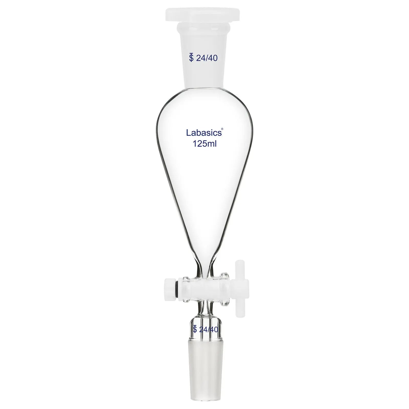 125 ml separatory funnel, 24/40 joint, conical glass body, PTFE stopcock and stopper for laboratory phase separation