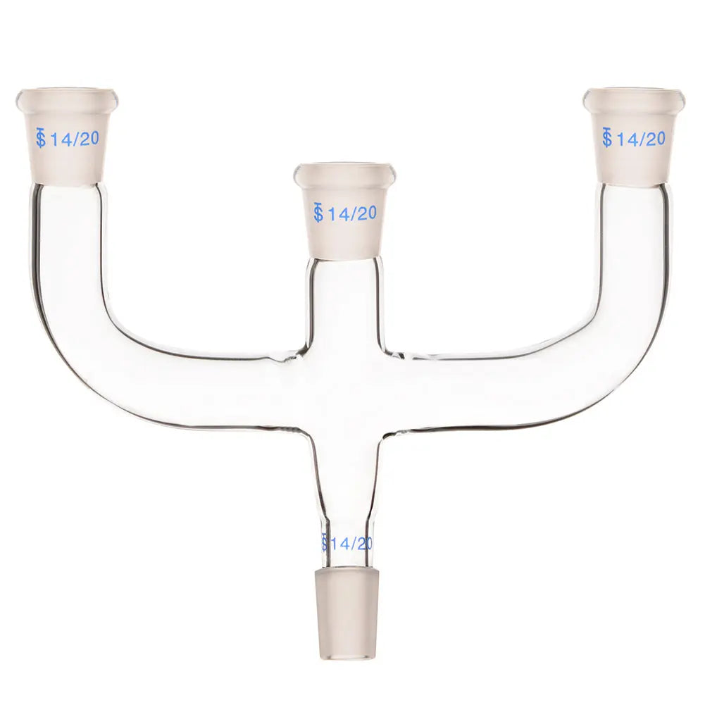 4-way Claisen distillation adapter, 14/20 ground joints, borosilicate glass, four-branch connection, compact design for multi-neck laboratory setups