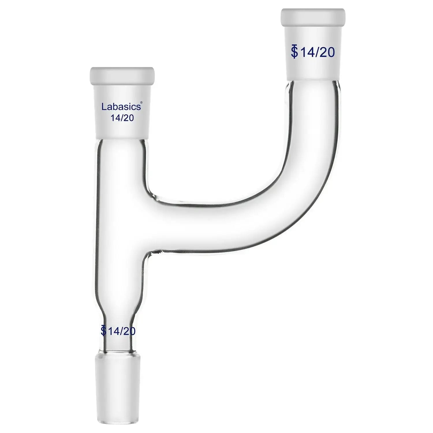 3-way Claisen distillation adapter, 14/20 ground joints, borosilicate glass, compact thick-walled design, secure multi-connection for laboratory distillation setups