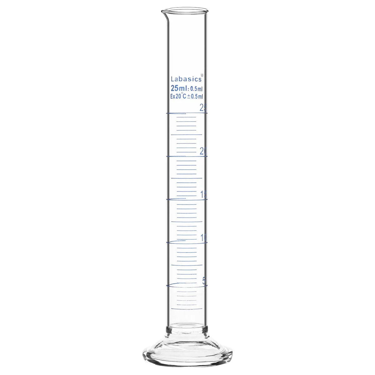 Measuring cylinder, 25 mL, borosilicate glass construction, accurate metric graduations, suitable for laboratory liquid handling
