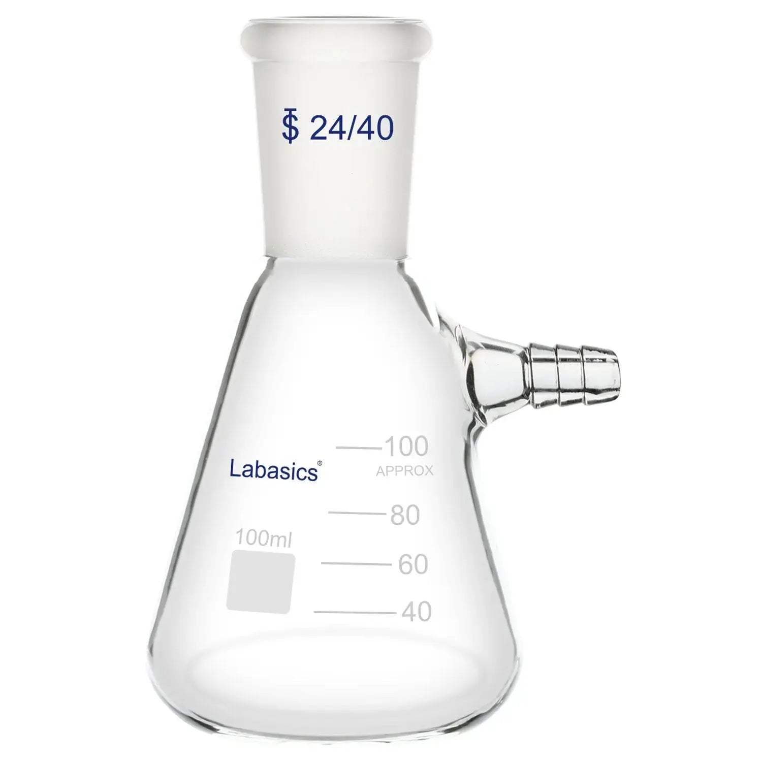 Filtering flask, 100 mL, 24/40 joint, thick-walled borosilicate glass, vacuum filtration flask for laboratory use