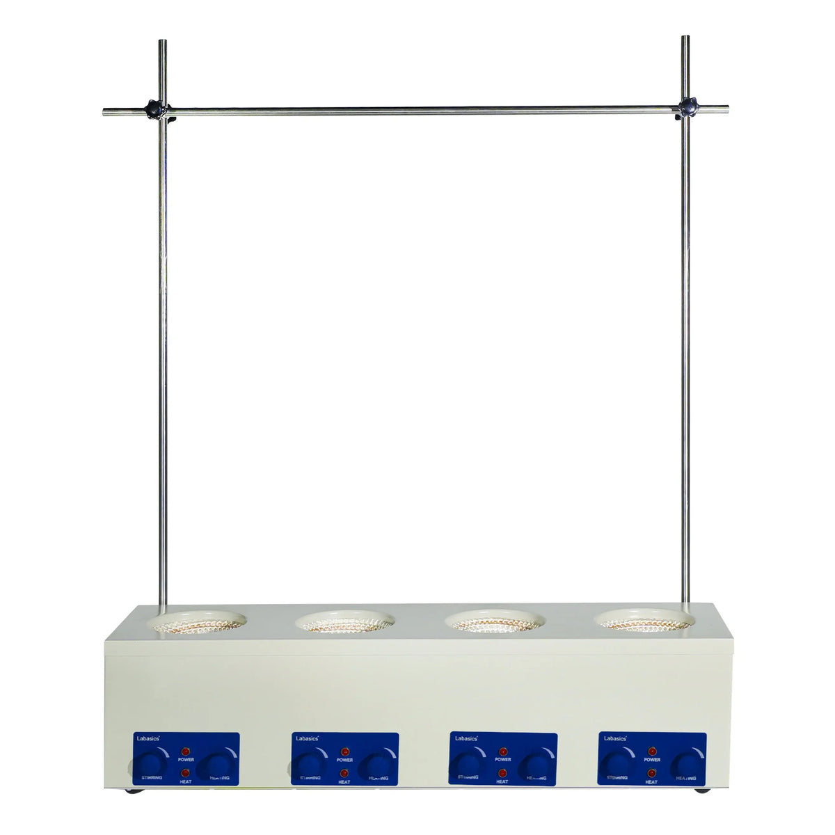 Laboratory hot plate with four heating elements and control panels on a white background