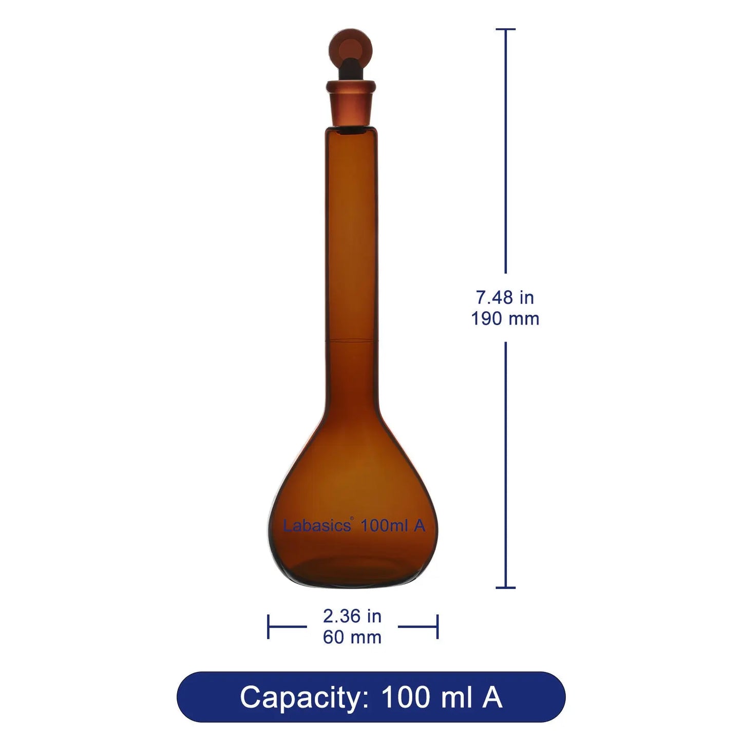 Amber volumetric flask 100 ml, Class A precision borosilicate glass with brown tint