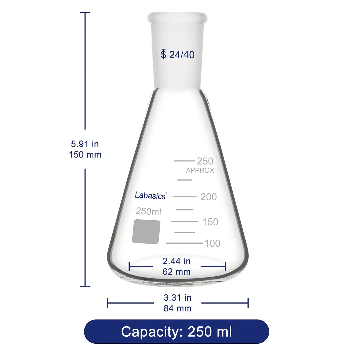 Glass Erlenmeyer Flask, 24/40 Standard Taper Outer Joint, 100-1000 mL Labasics