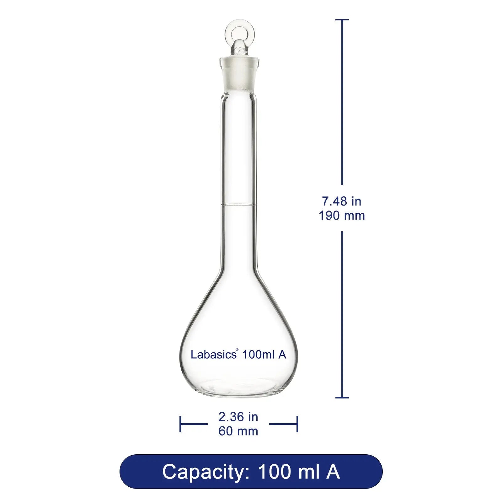 Glass volumetric flask 100 ml, Class A precision borosilicate glass with frosted mouth