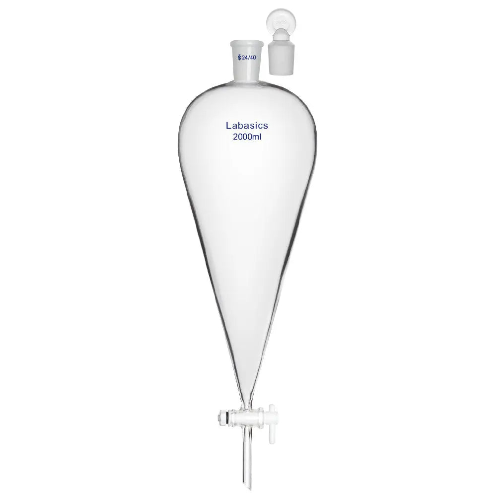 Separatory funnel, 2000 mL (2 L), conical borosilicate glass, 24/40 joint, glass stopper, PTFE stopcock, for large-volume liquid separation