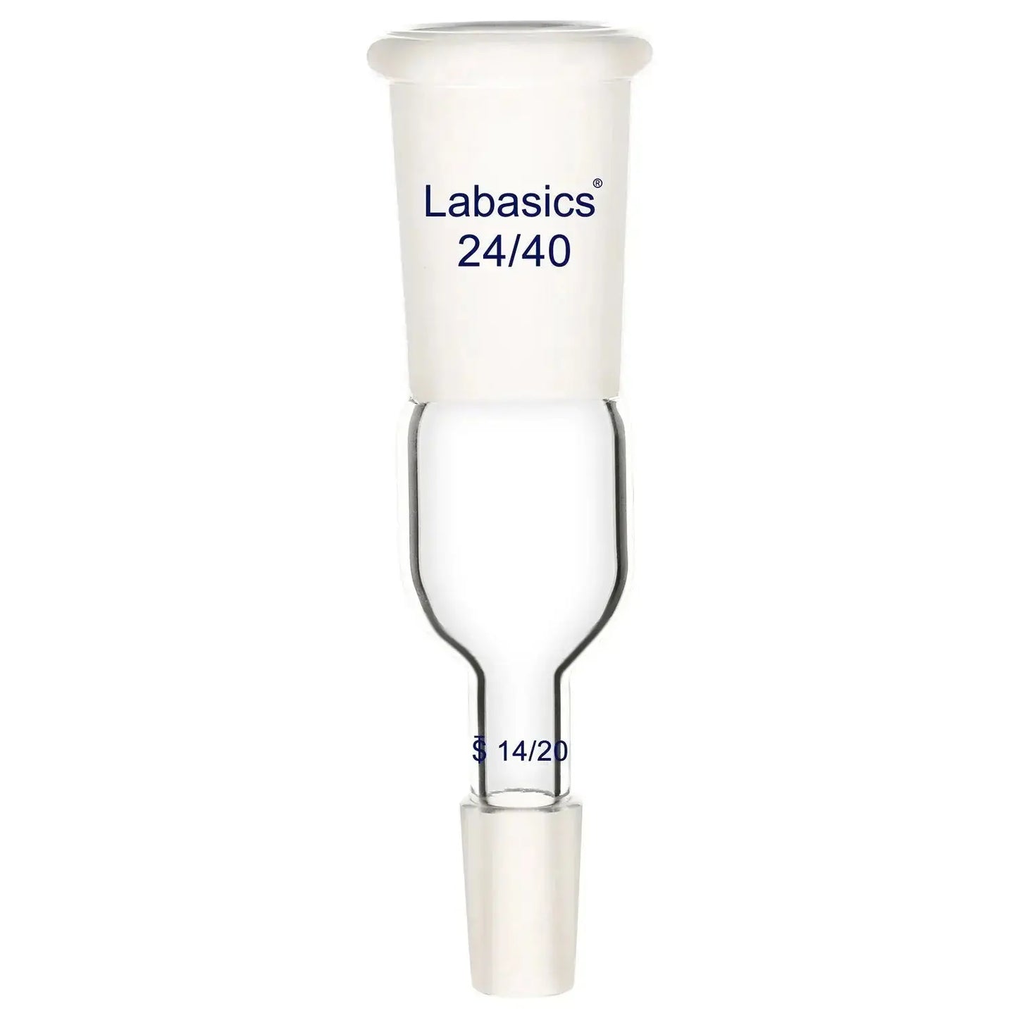 Borosilicate glass straight enlarging adapter, 24/40 top outer joint to 14/20 bottom inner joint, reusable for precise laboratory glassware connections