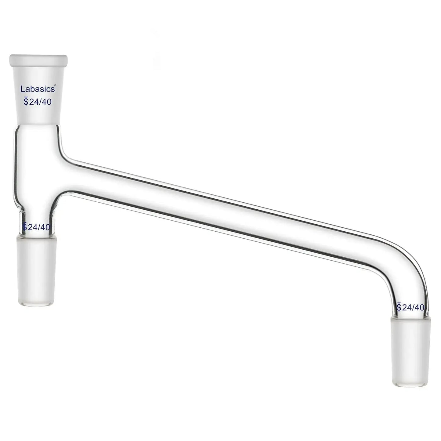 75° bent borosilicate glass distilling adapter, 24/40 joint, durable and chemical-resistant for multi-connection lab distillation